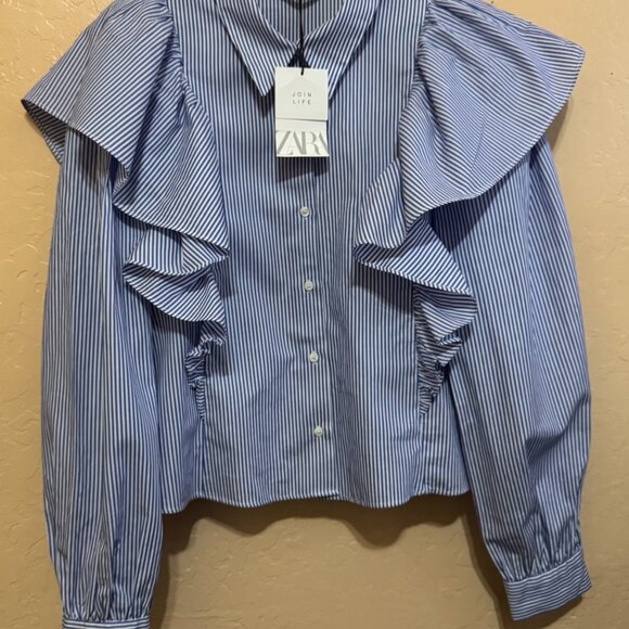New With Tags Zara Ruffle button down long sleeve in blue with white stripes - Picture 4 of 16